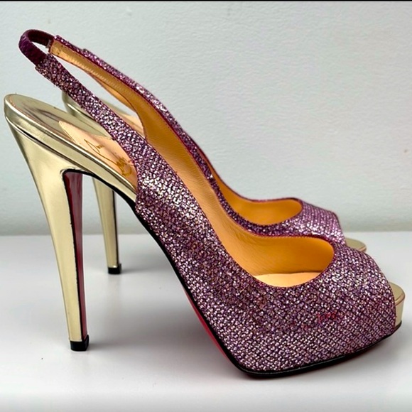 Authentic CHRISTIAN LOUBOUTIN glitter heals pink gold  SIZE 38 (8US) sling back - Picture 1 of 11